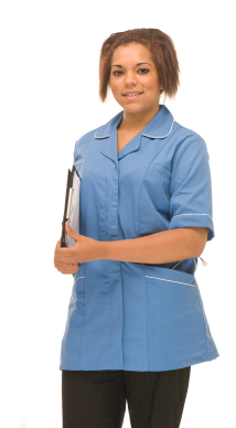 A care worker holding a clip board